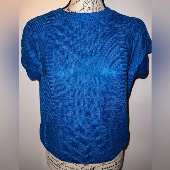 Vintage Vibrant Azure Blue Textured Knit Short Sleeve Top Small - Picture 2 of 7